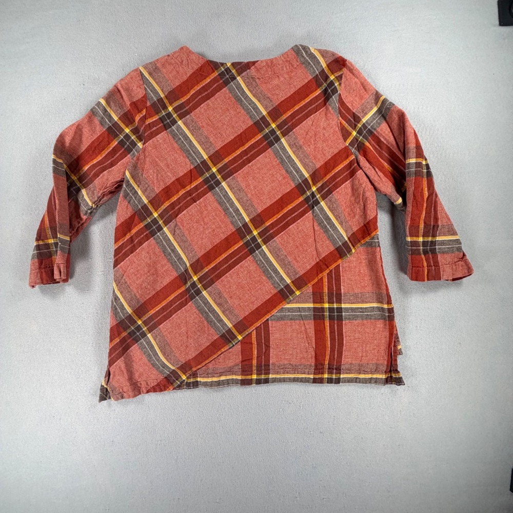 Habitat Womens Small Rust Plaid Tunic Top 3/4 Sleeve Asymmetrical Hem Artsy Boho - Picture 6 of 8